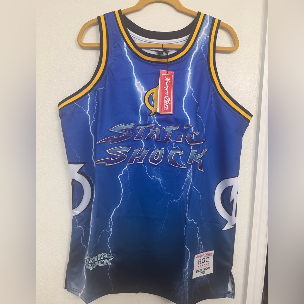 STATIC SHOCK Blue Lightening Headgear Classics Basketball Jersey ~π XL - Picture 2 of 9